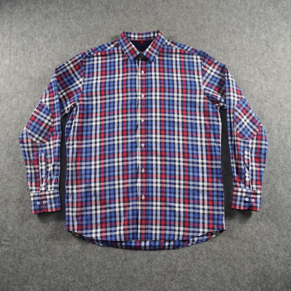 Bullock & Jones Men's Cotton Plaid Button Down Shirt Size L Elbow Patches